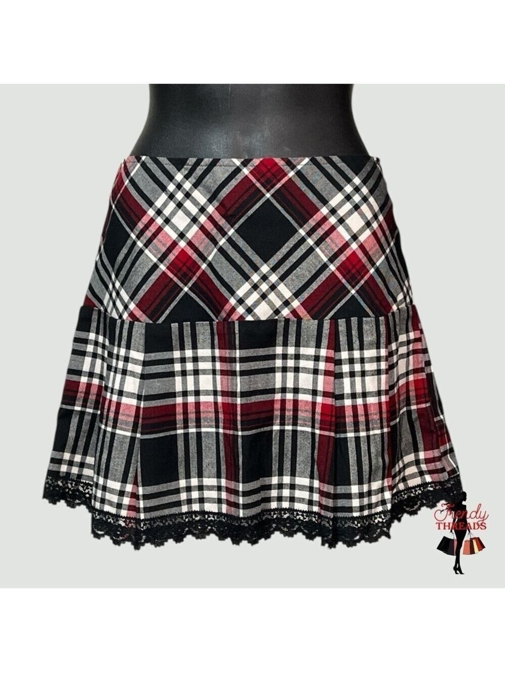 VTG 90s SMALL Plaid High Rise Pleated Mini Skirt Punk Twee Black White Red Lace